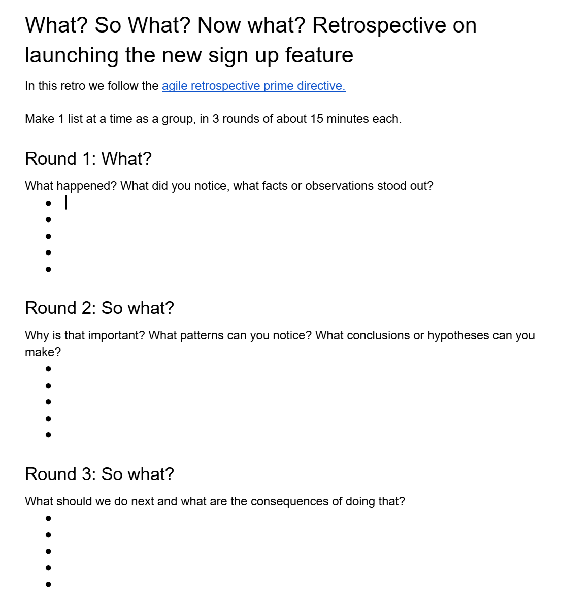 An example worksheet layout showing the What, So What, and Now What lists.