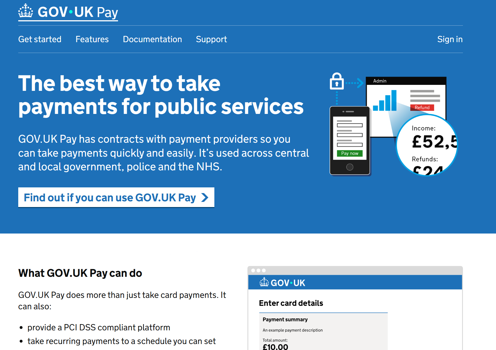 GOV.UK Pay homepage showing service information